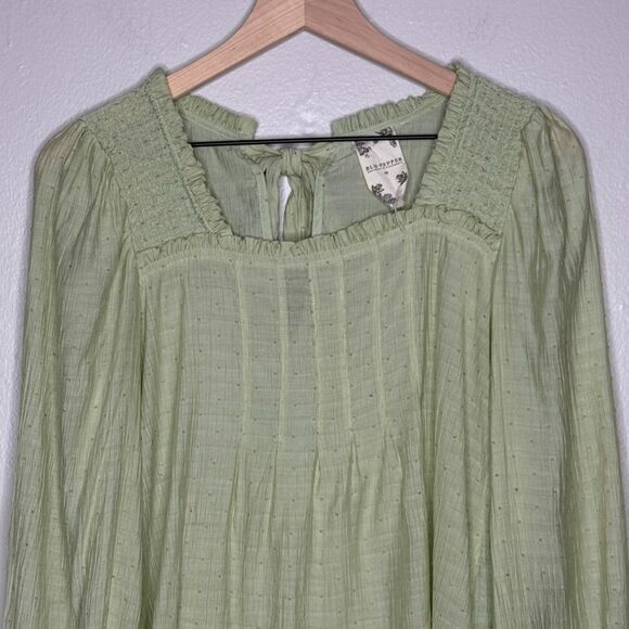 Blu Pepper Womens Peasant Top Medium Light Green Yellow Polka Dots Dainty Brunch - Picture 5 of 10